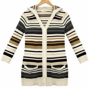 POOF Excellence Striped Hooded Cardigan Sweater Size M Neutral Brown Cream Knit